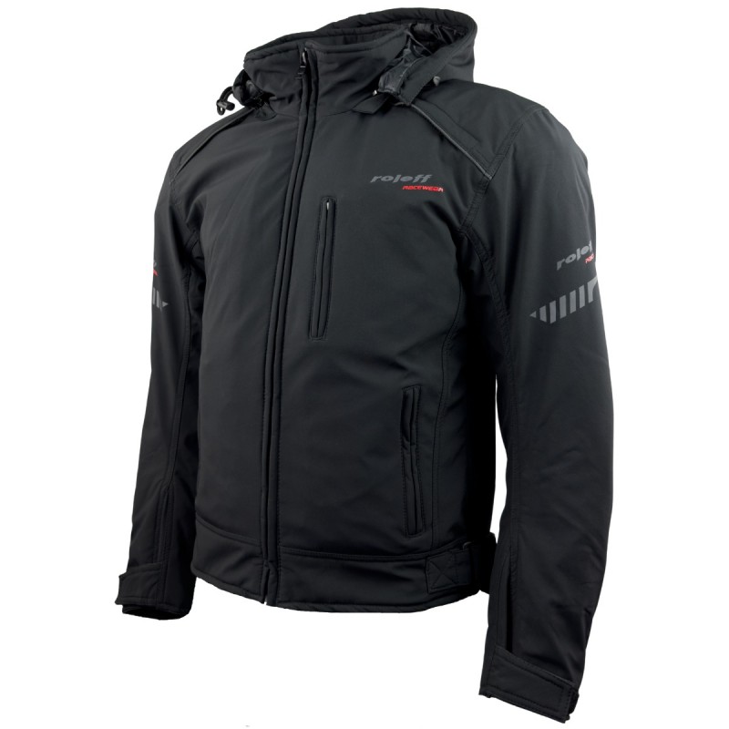 Schwarze Softshell Hoddie-Motorradjacke