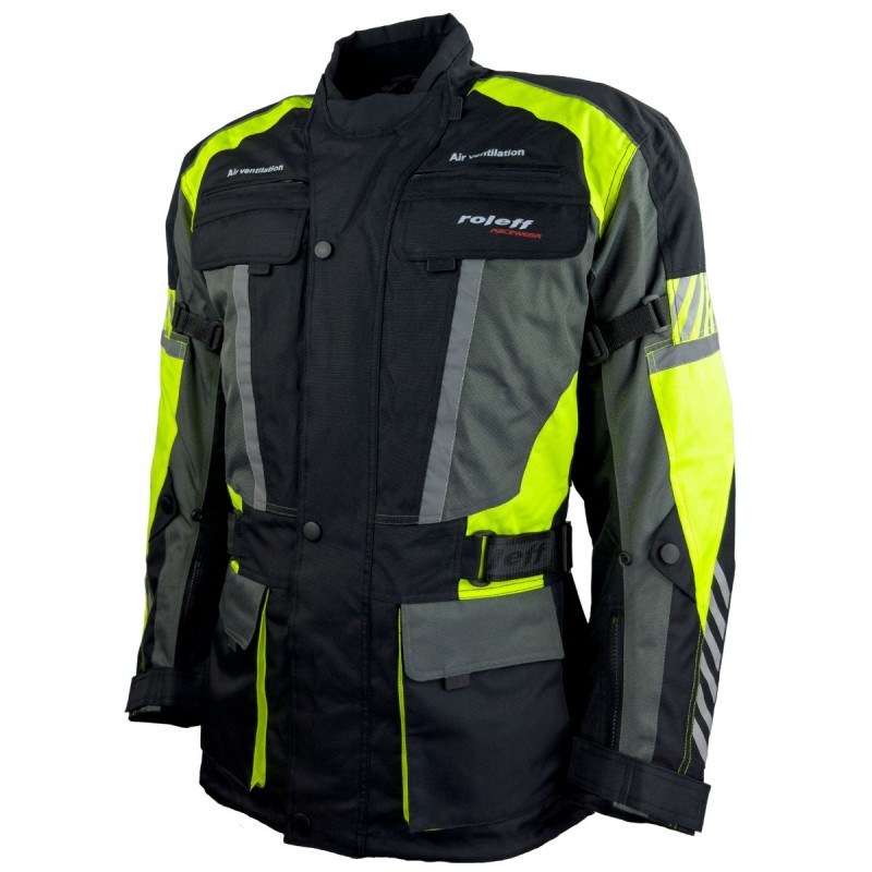 Roleff RO16013 Motorradjacke – Schwarz/Neongelb, wasserdicht, atmungsaktiv & mit Protektoren - 1