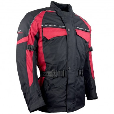 Robuste Motorradjacke mit Membrane und Thermofutter in Schwarz / Rot