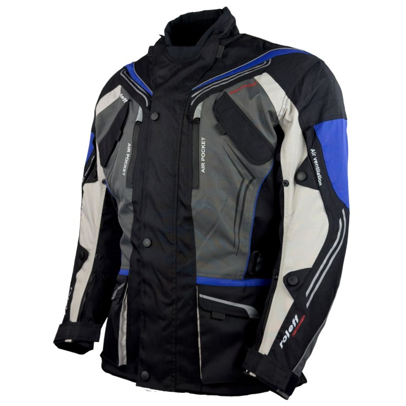 Auffällige Motorradjacke in Schwarz, Blau Weiß, Grau