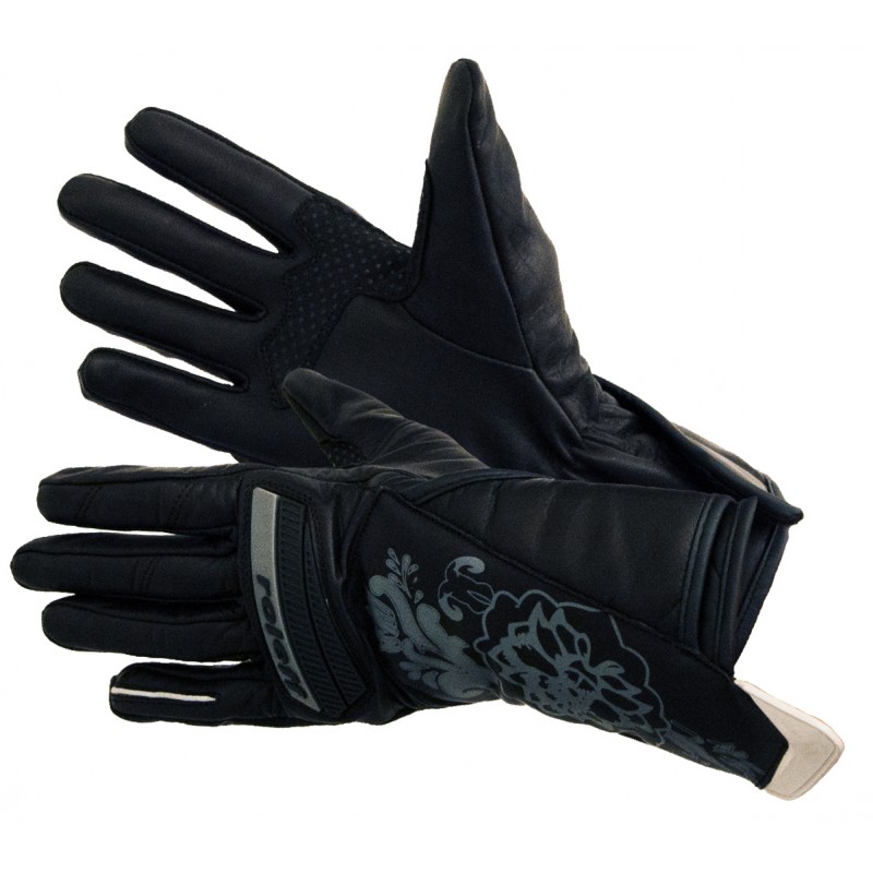 RO79 - Modischer, schwarzer Motorradhandschuh für Damen mit aufwändigem Blumenmuster - 1