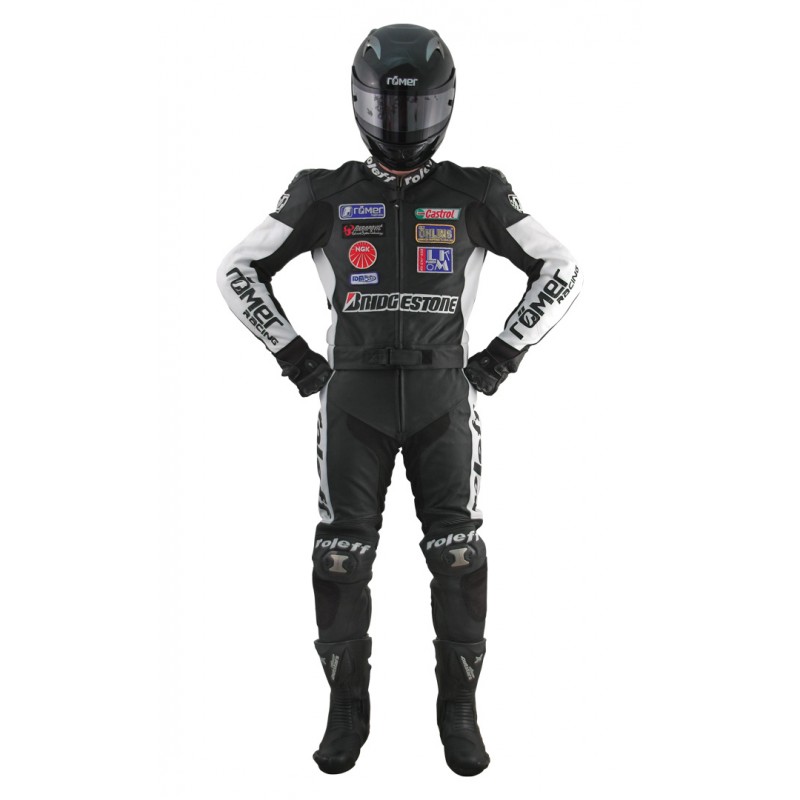RO312 - Leder- Motorradkombi in schwarz / weiß mit Titaniumschleifern RO312 - Leder- Motorradkombi in schwarz / weiß mit Titaniumschleifern