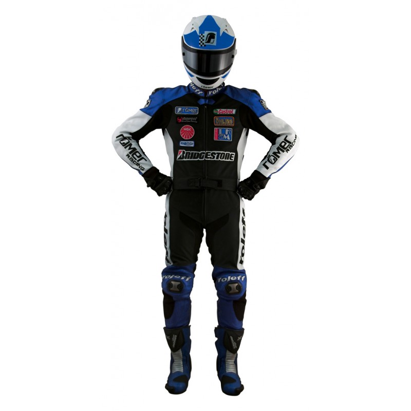 RO314 - Leder- Motorradkombi in blau / schwarz / weiß mit Titaniumschleifern