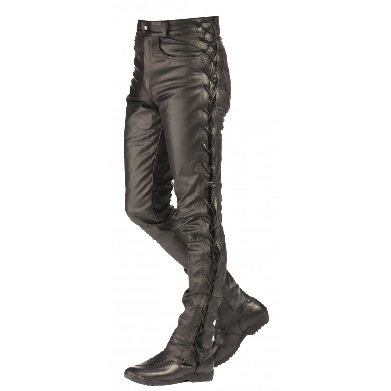 RO3 - Klassische, schwarze Schnürlederjeans aus echtem Rindsleder - 1